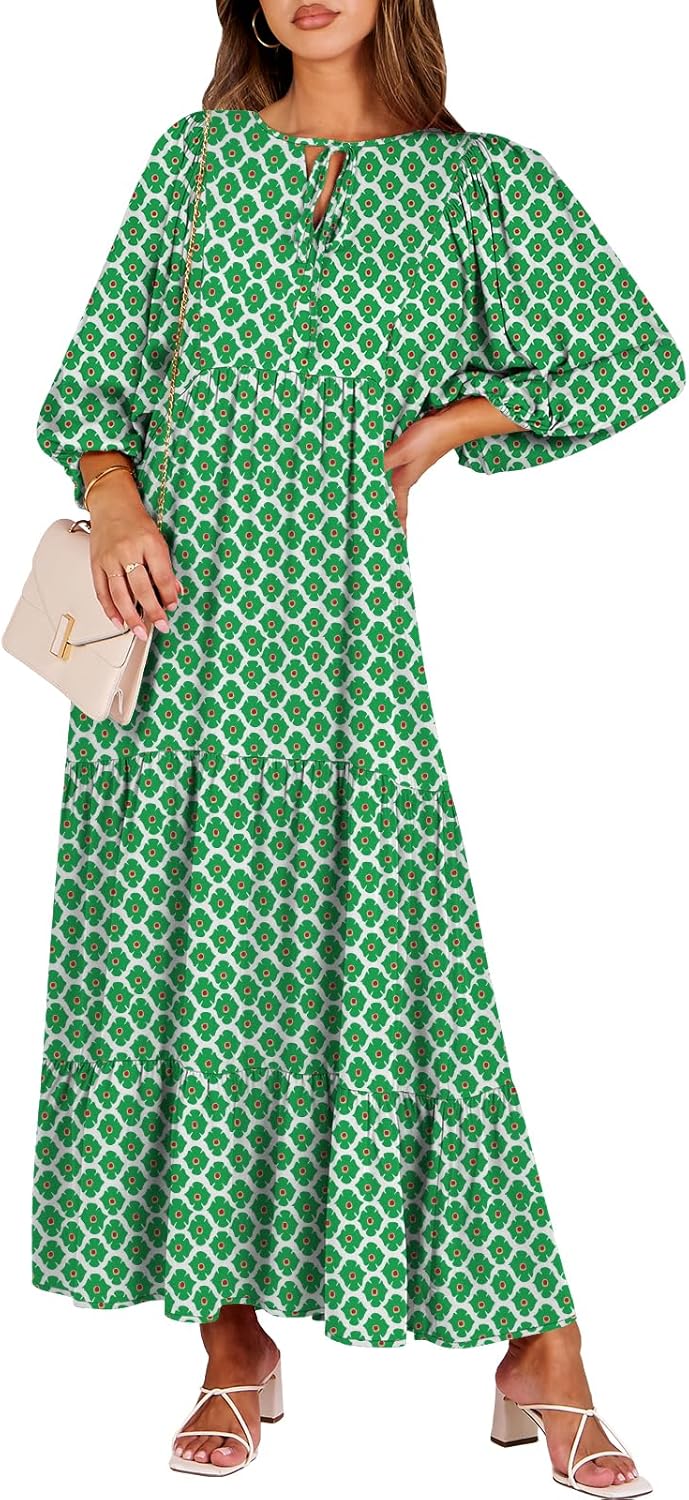Boho Maxi Dresses for Women - Floral V Neck Puff Sleeve Style