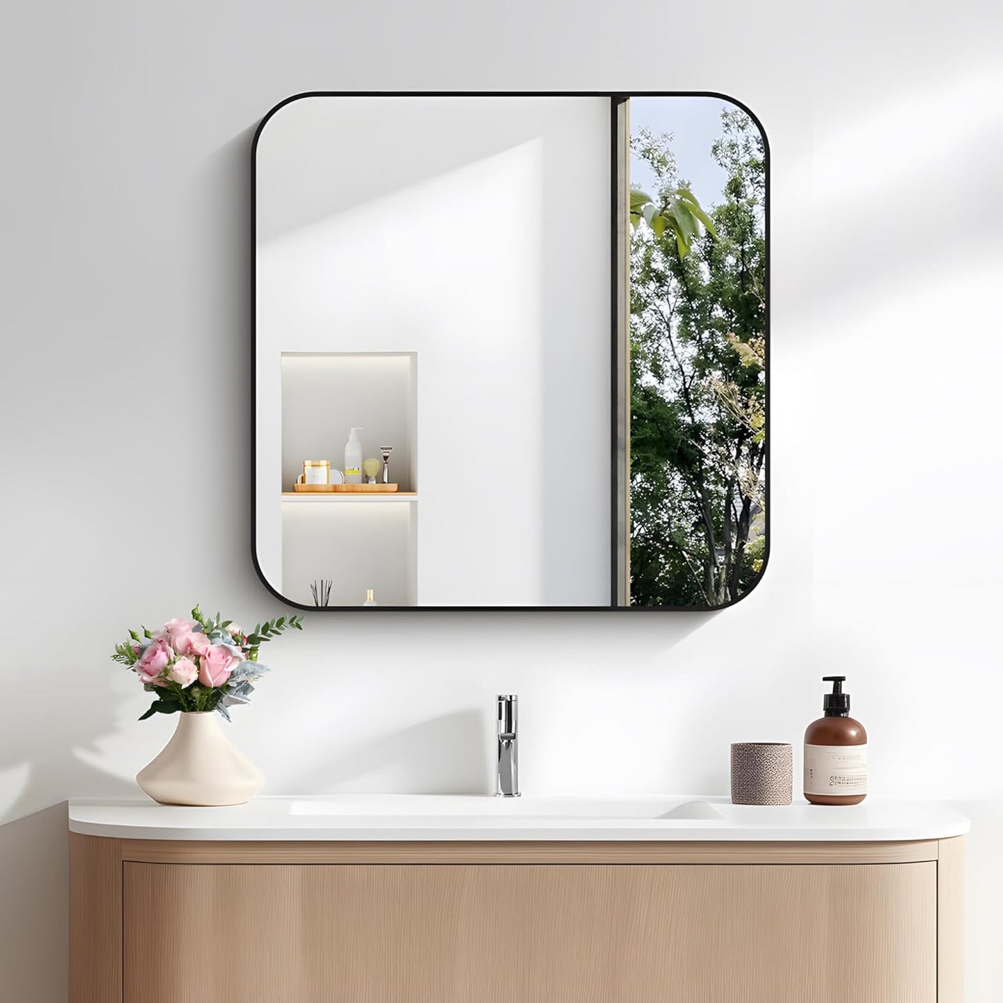 24x24 Inch Black Square Wall Mirror for Bathroom and Decor