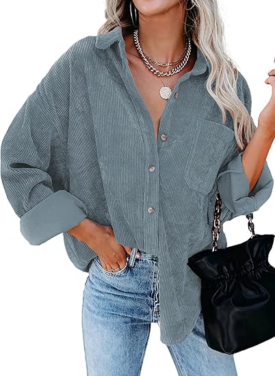 Astylish Women Corduroy Shirts Casual Long Sleeve Blouses Top