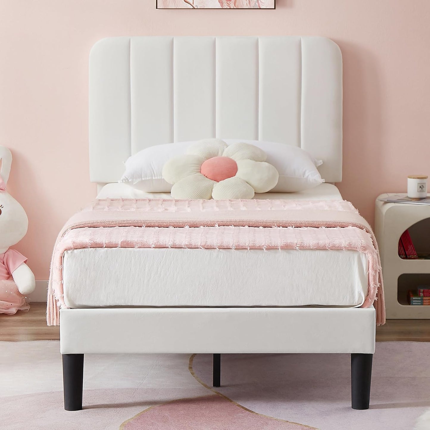VECELO Twin Size Upholstered Bed Frame with Adjustable Headboard