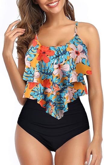 Womens Tankini Swimsuits with Ruffled Tank Top and Tummy Control