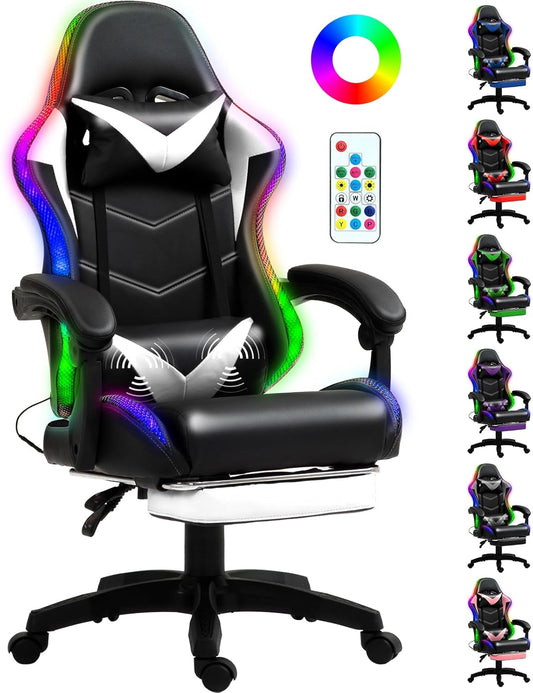 RGB LED Lights Gaming Chair with Lumbar Massager for Comfort