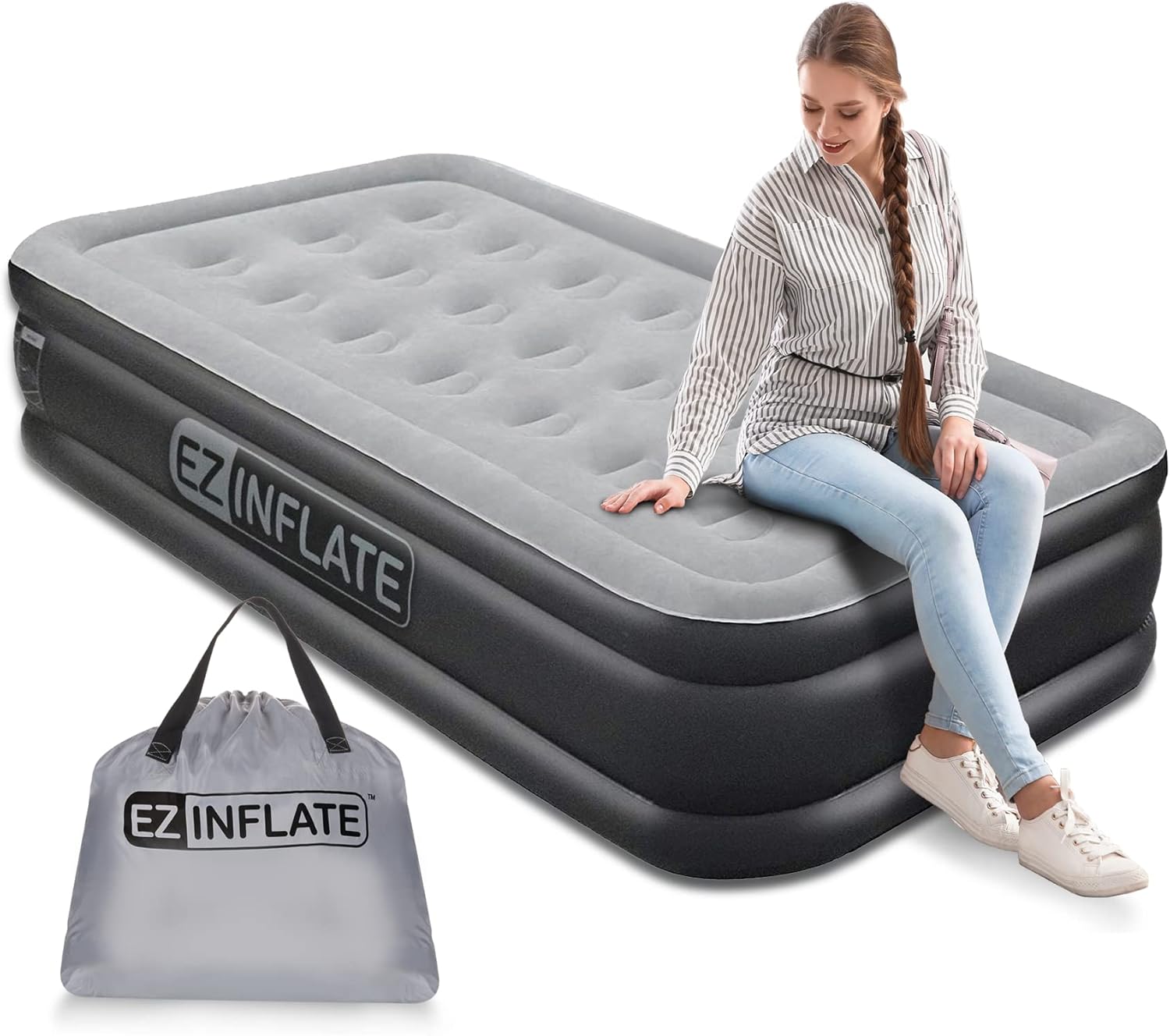 EZ INFLATE Twin Size Air Mattress with Built in Pump for Travel