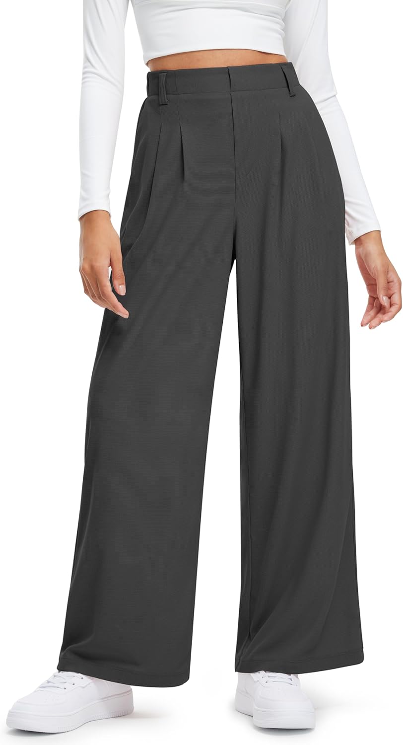 Libin Women's High Waisted Waffle Knit Wide Leg Pants for Work