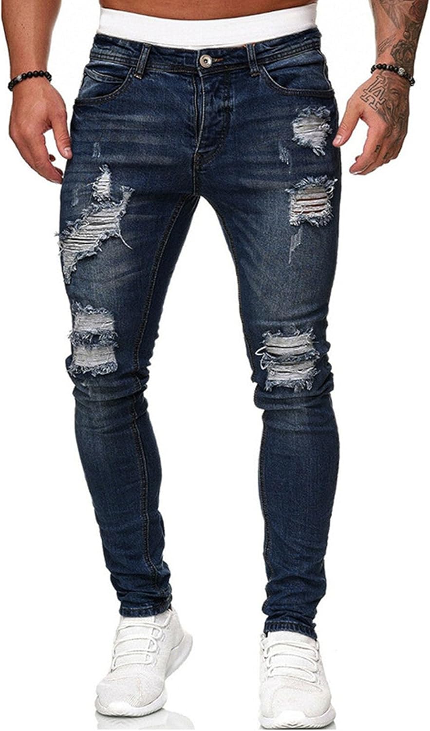 HUNGSON Men's Blue Slim Fit Jeans with Ripped Design and Stripes