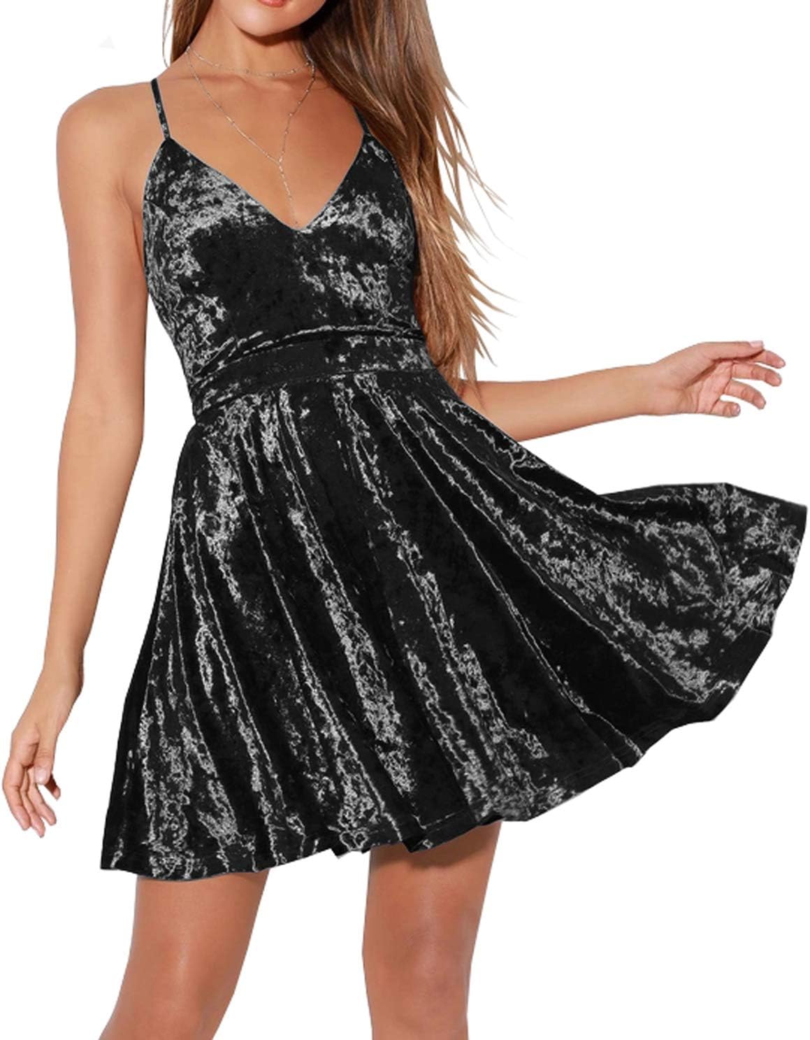R.Vivimos Women's Crushed Velvet Spaghetti Straps Mini Dress