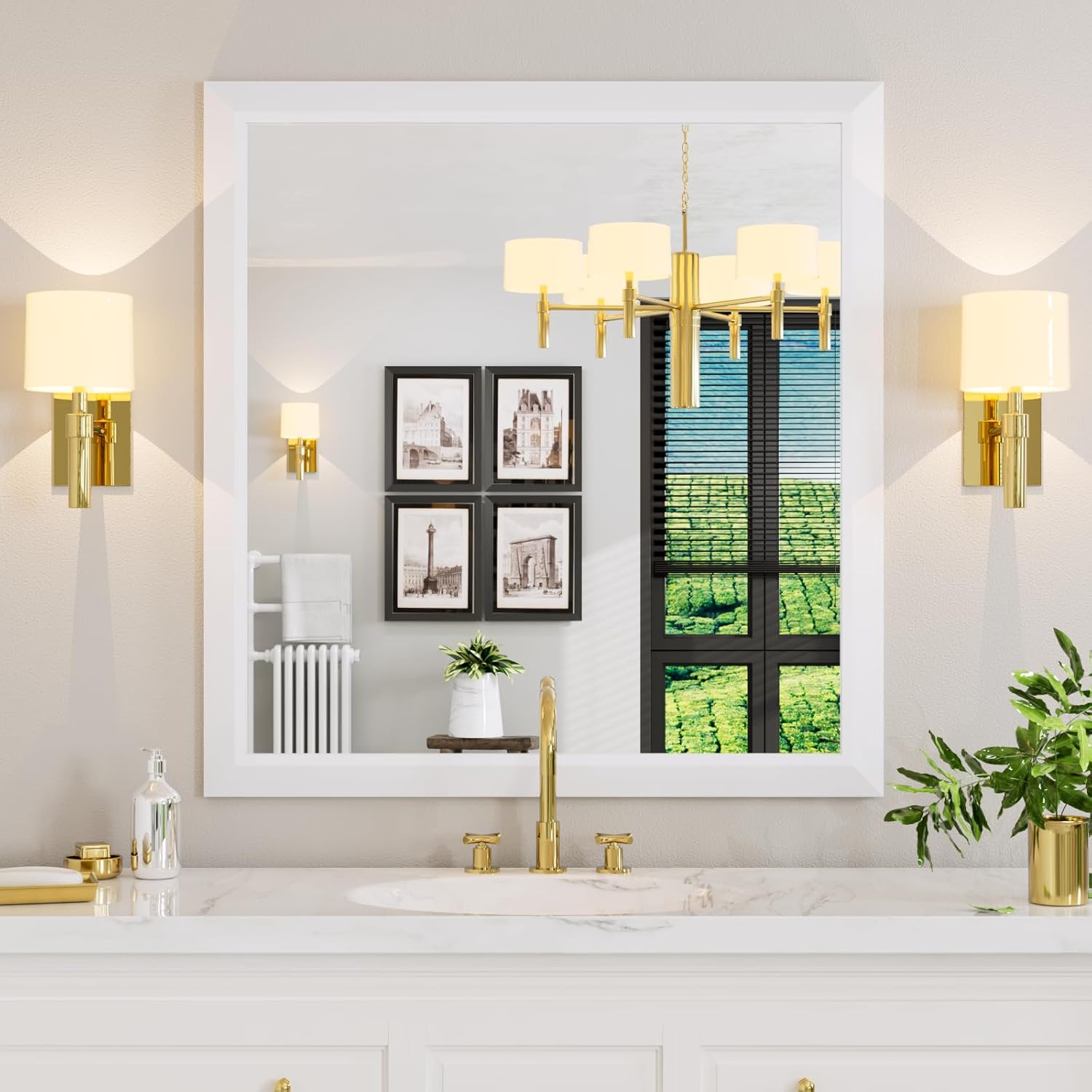 Amorho Bathroom Mirror 40X38 Inch Elegant Metal Framed Design