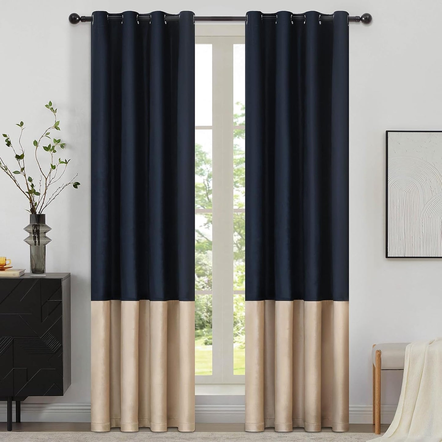 Navy Blue Champagne Velvet Color Block Window Curtains Panels