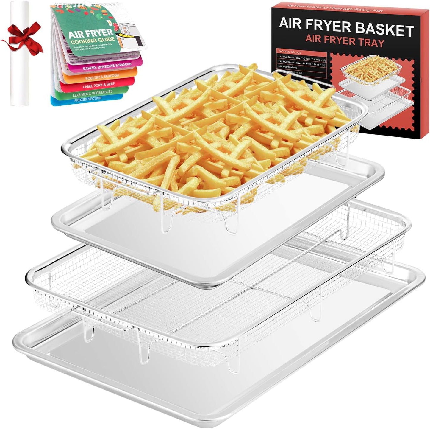 Stainless Steel Air Fryer Basket Set: Nonstick with Parchment Papers