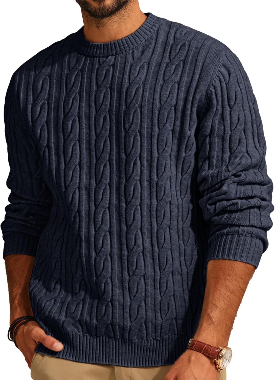Stylish PJ PAUL JONES Mens Sweater Crewneck Cable Knit Pullover
