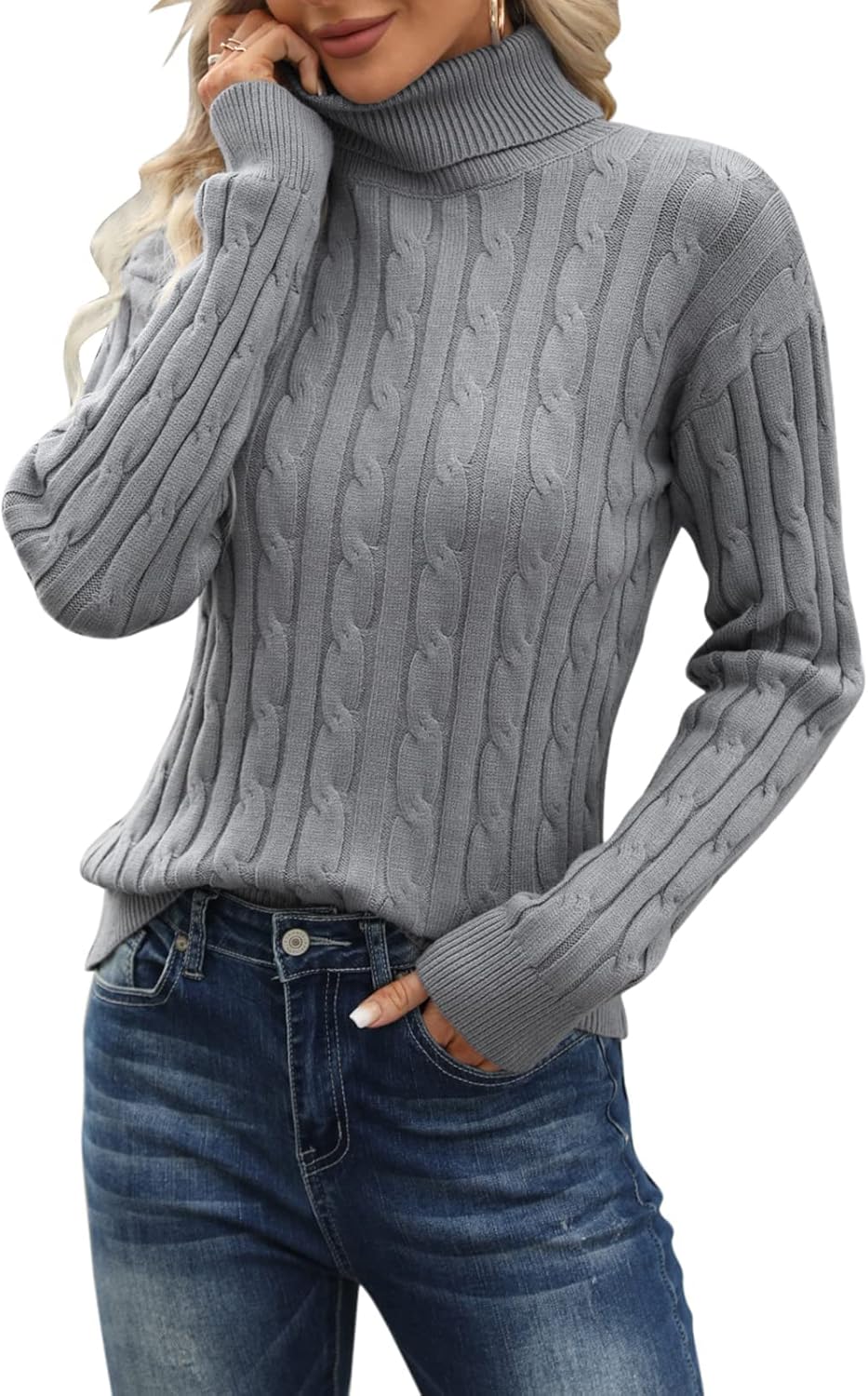 Esobo Women's Classic-fit Lightweight Cable Mockneck Sweater