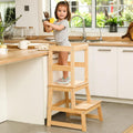 Kids Kitchen Step Stool Natural Wood with Safety Rail - Toddler Tower
