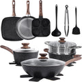 Sweetcrispy 17 Pcs Nonstick Pots and Pans Black - Removable Handle Set