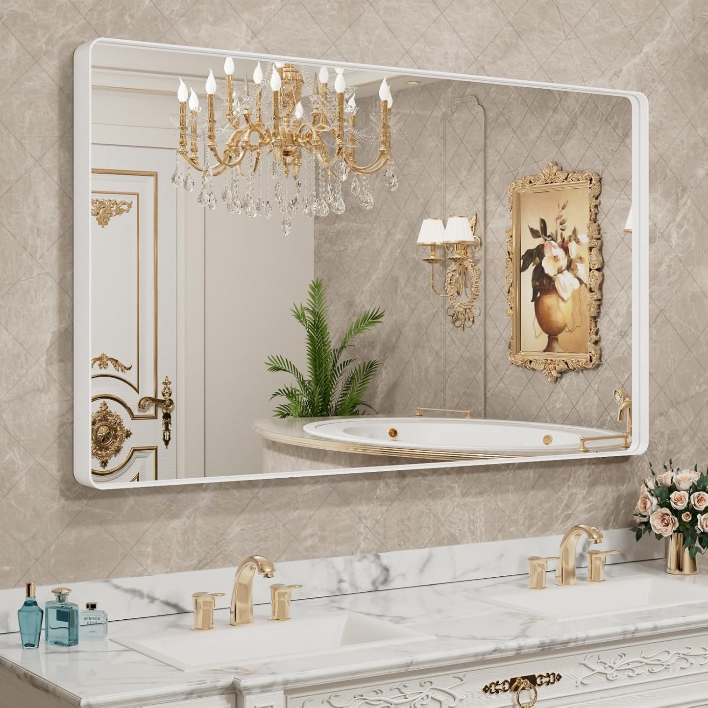 LOAAO 55x36 Inch White Metal Framed Bathroom Mirror for Wall