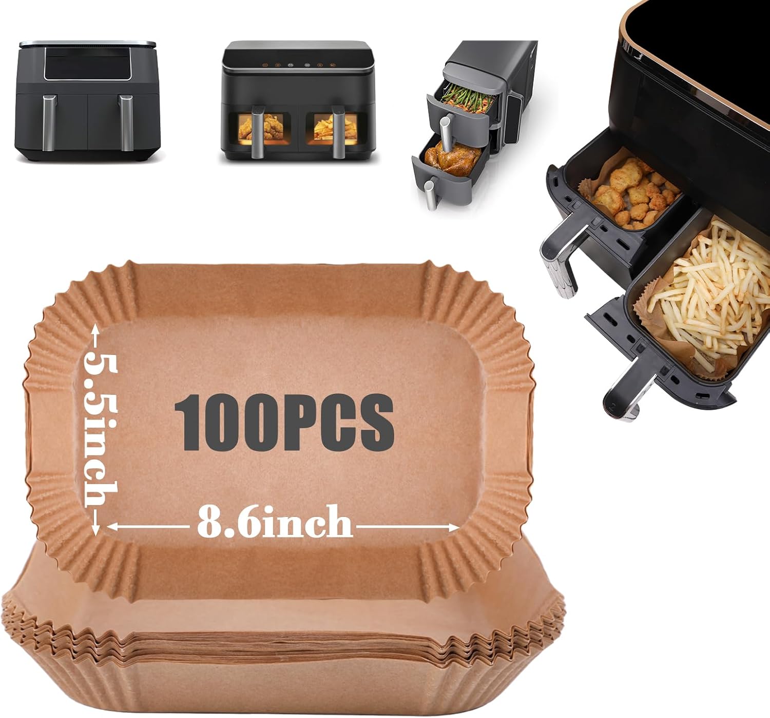 100 Pack Dual Air Fryer Liners 8-10 Qt, 8.6x5.5in - Easy Cleanup!