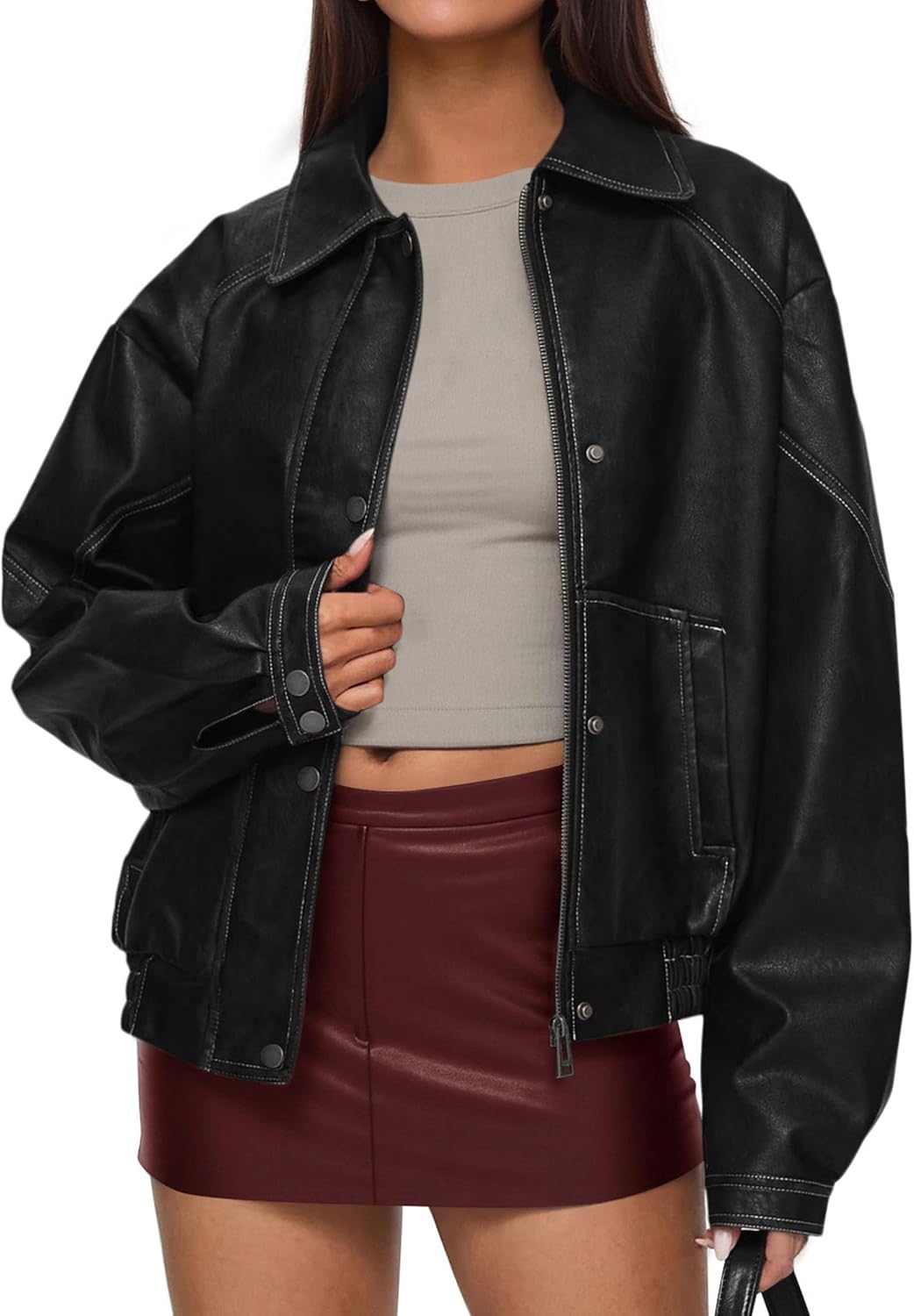 Faux Leather Jacket Women Bomber Motorcycle Zip Up Stylish Coats