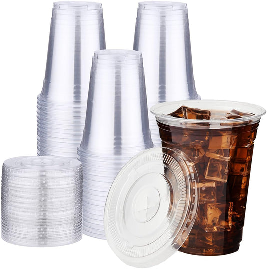 YEEHAW Clear Plastic Cups - 100 Pack with Flat Lids, Perfect for Cold Drinks