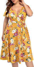 Plus Size Yellow Floral Wrap Midi Dress for Women - Semi Formal