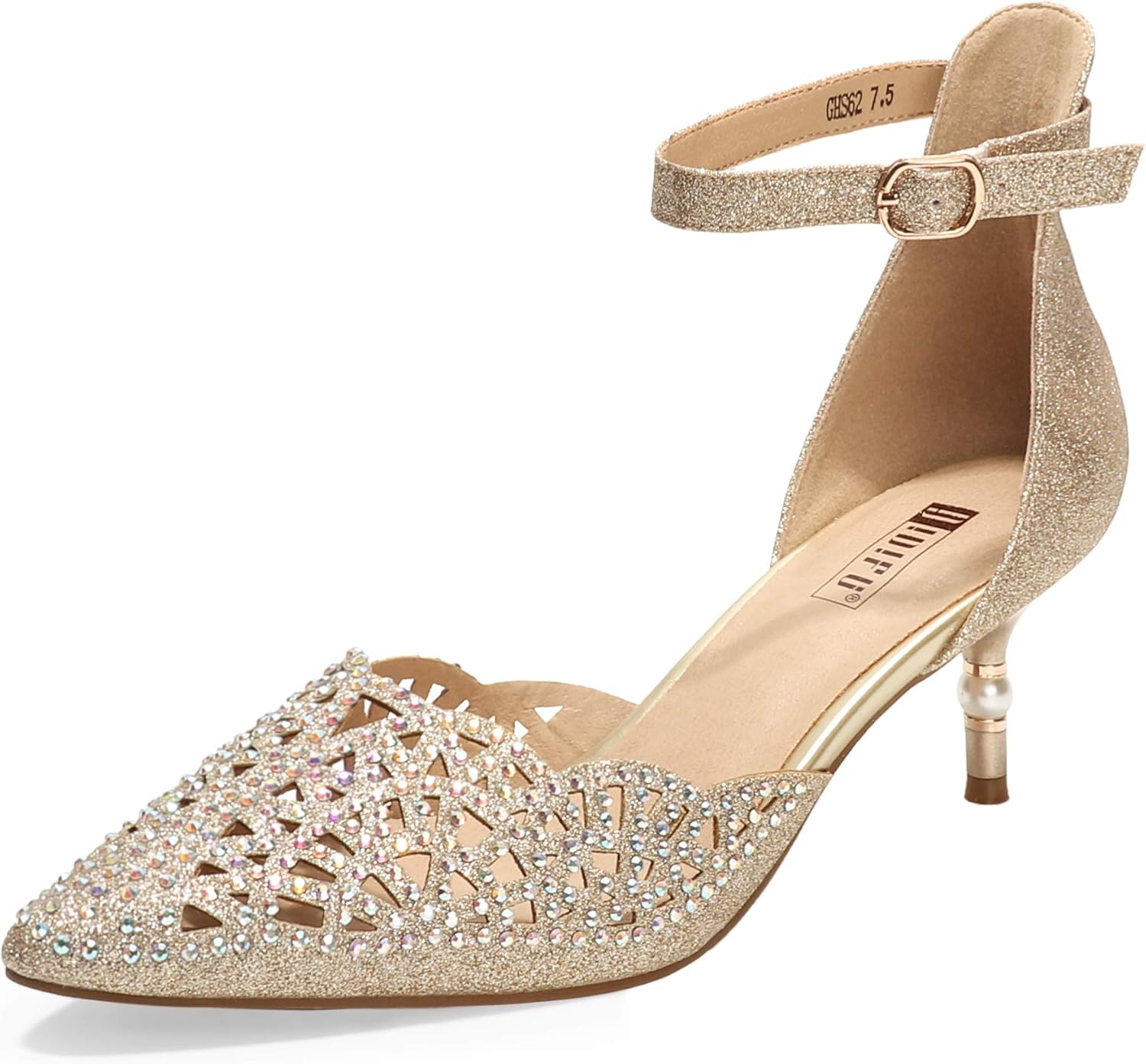IDIFU Women's Rhinestones Low Kitten Heels for Bridal Events