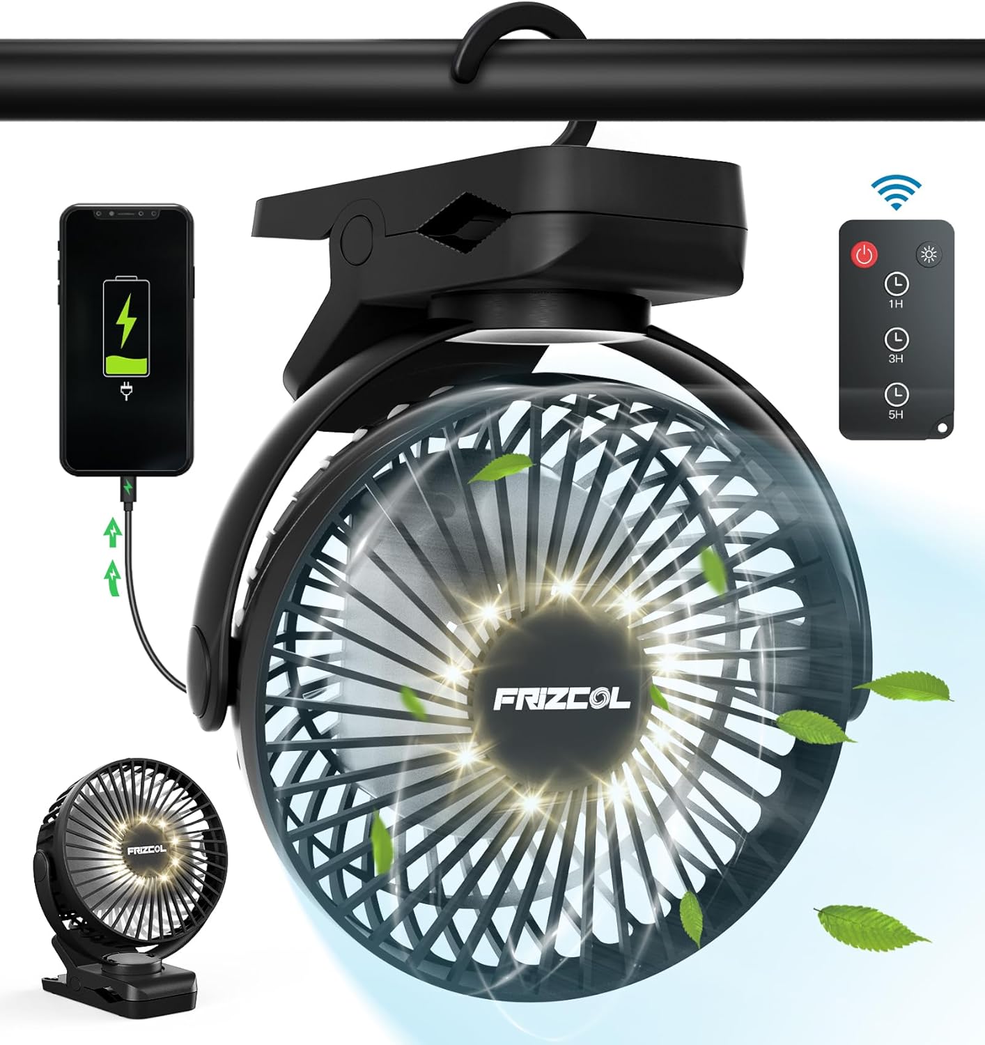 FRIZCOL: Portable Clip-on Fan, 65 Hrs, LED Lights, USB Rechargeable