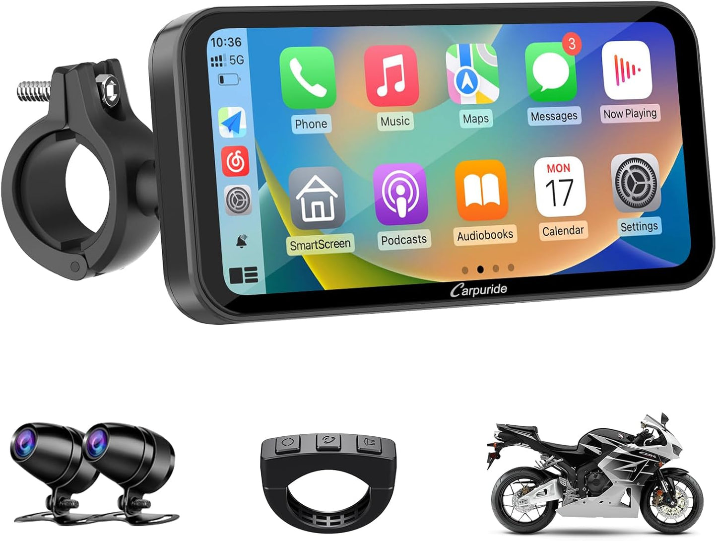Carpuride W603D Motorcycle GPS with Wireless CarPlay & Dual Cameras