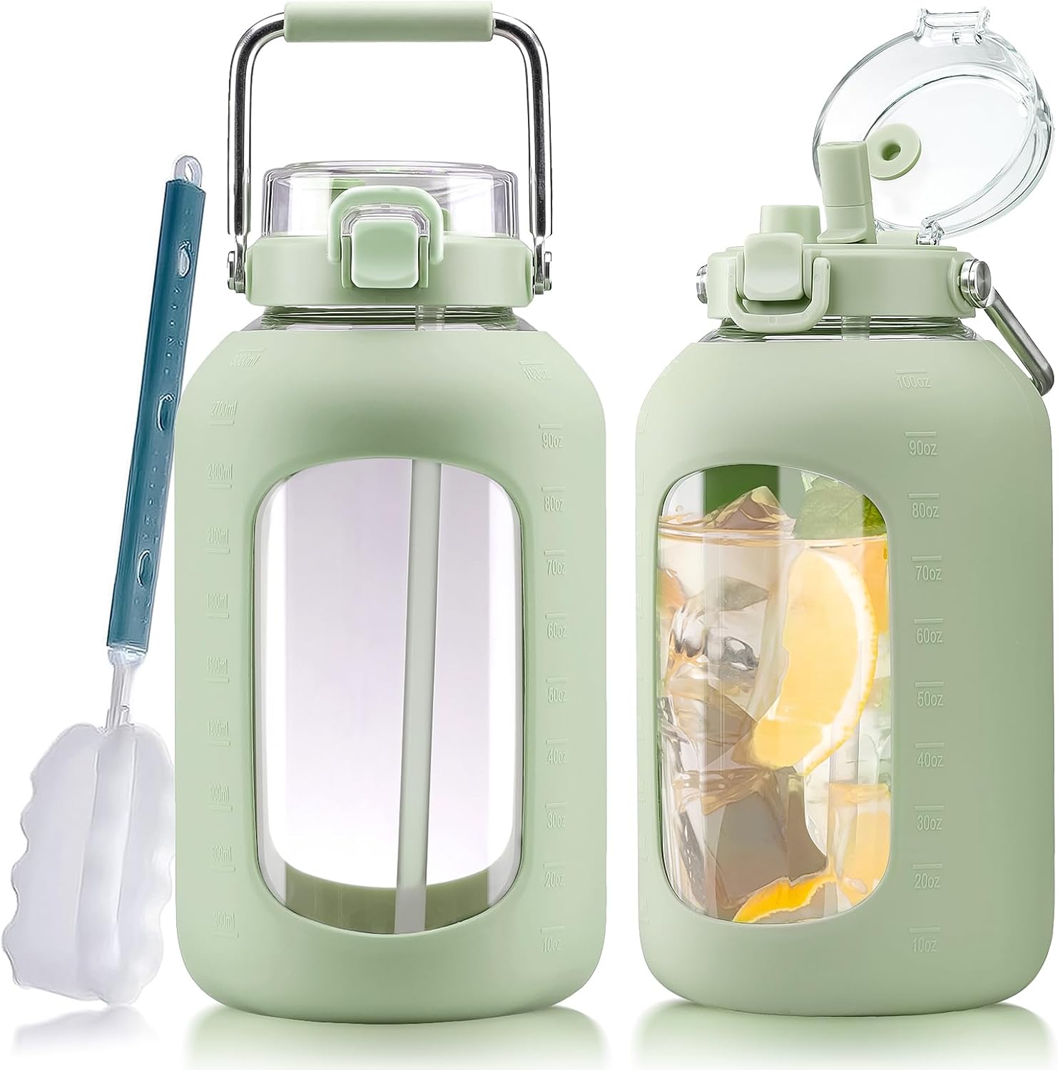 Large Glass Water Bottle with Stainless Steel Handle - 100 oz