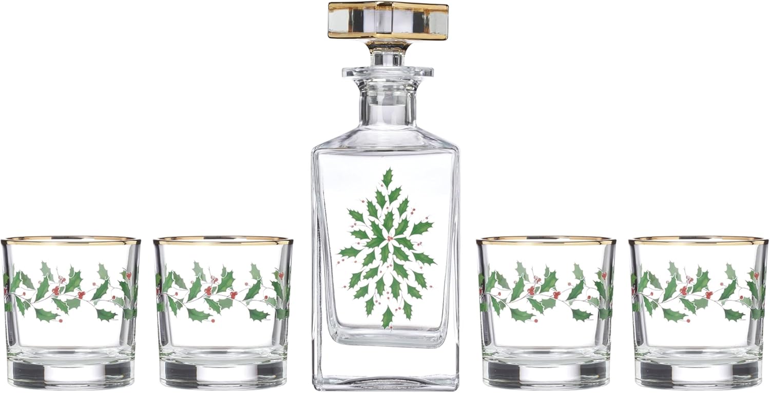 Lenox Holiday 5-Piece Decanter & Whiskey Glass Set for Hosting