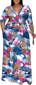 Runwind Plus Size Dress for Women V Neck Maxi Dress - Flowy, Belted