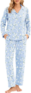 LUBOT Women's 100% Cotton Pajama Set - Soft Button-Down Sleepwear