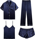 SWOMOG Womens Silk Satin Pajamas Sets 4pcs Cami Shorts Button-Down