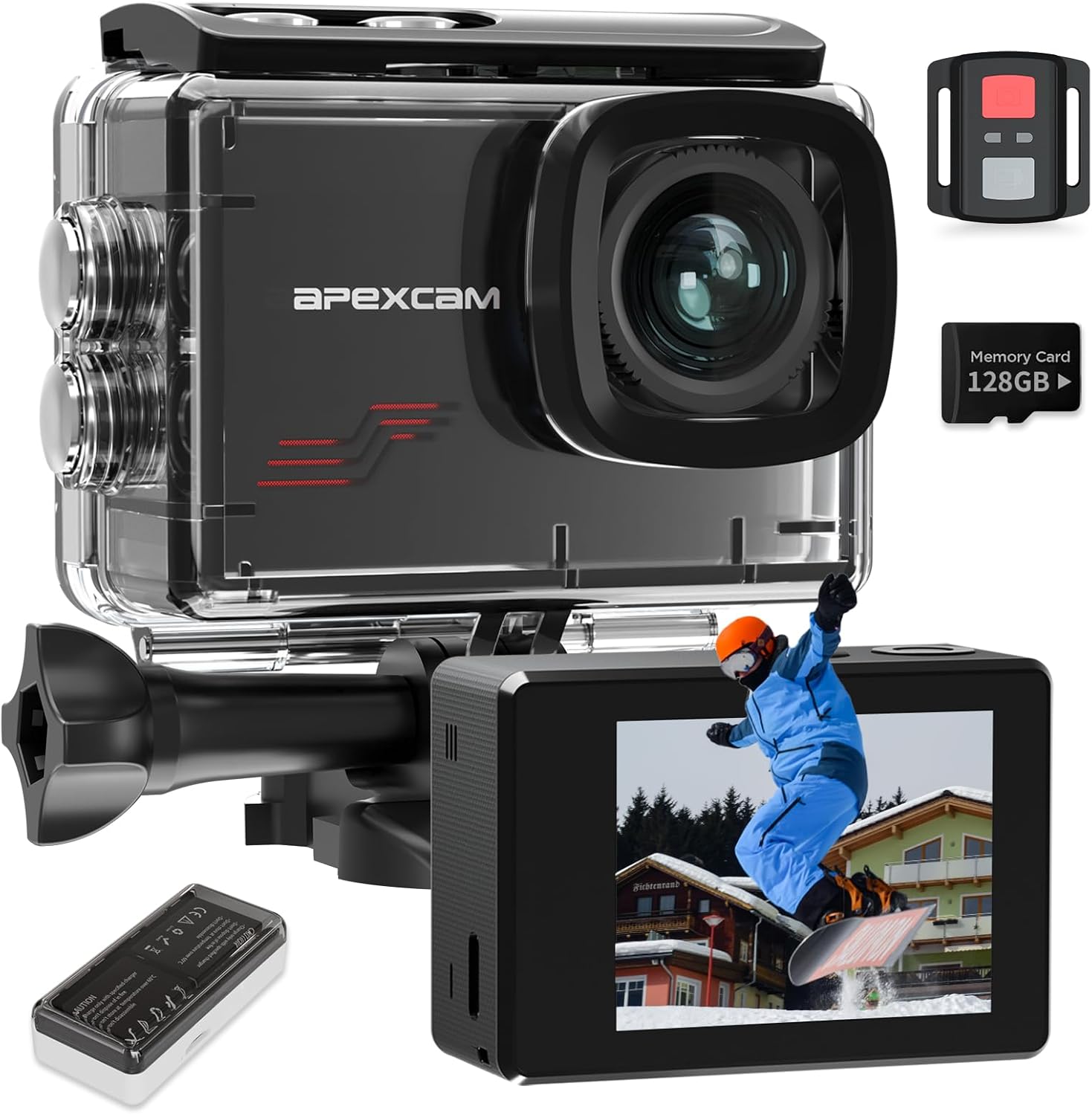 Apexcam Action Camera 4K 60FPS with 128GB Card for Vlogging