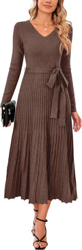 Arach&Cloz Women's Wool Blend Tie Waist Pleated Sweater Dress - Soft