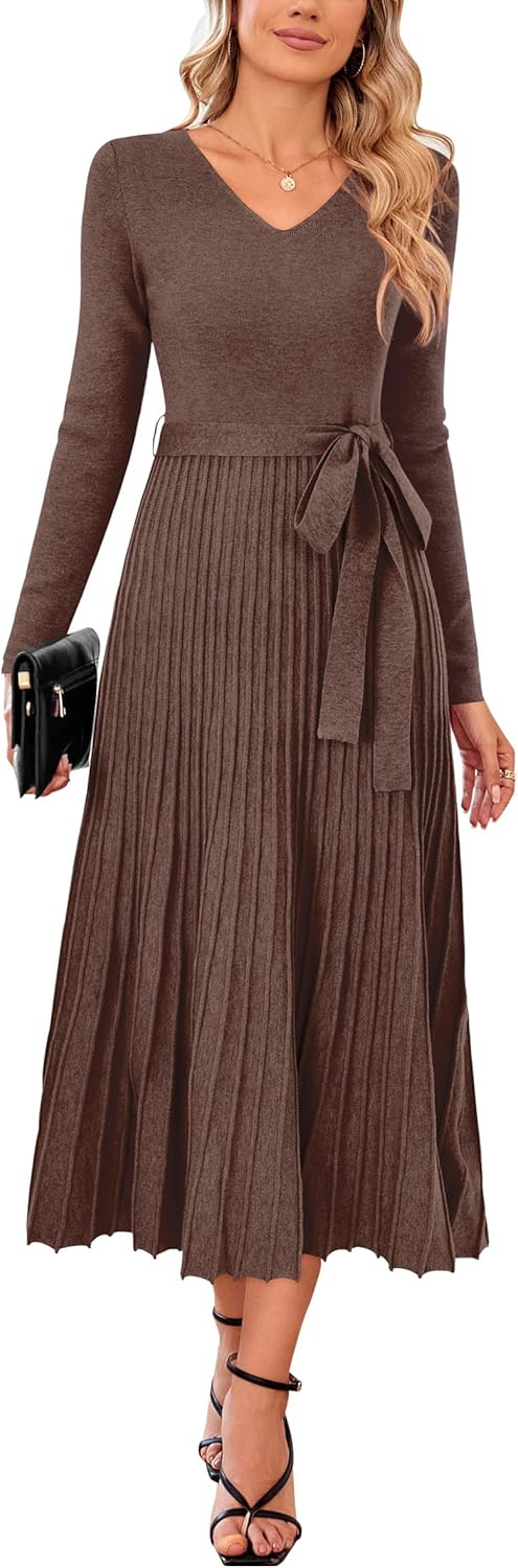 Arach&Cloz Women's Wool Blend Tie Waist Pleated Dress Review