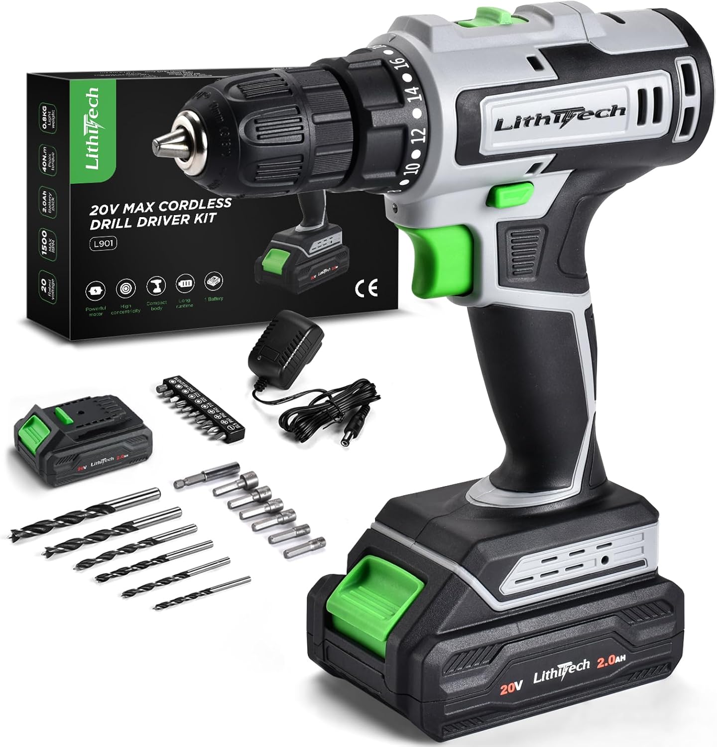 Cordless Drill Set 20V with 2.0Ah Battery and Charger for DIY