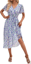 Women's Summer Floral Boho Maxi Dress Wrap V Neck - Flowy (Style WN8K)