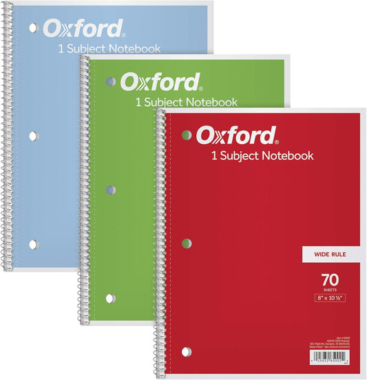 3 Pack Oxford 1-Subject Notebooks, 8x10.5, Wide Rule