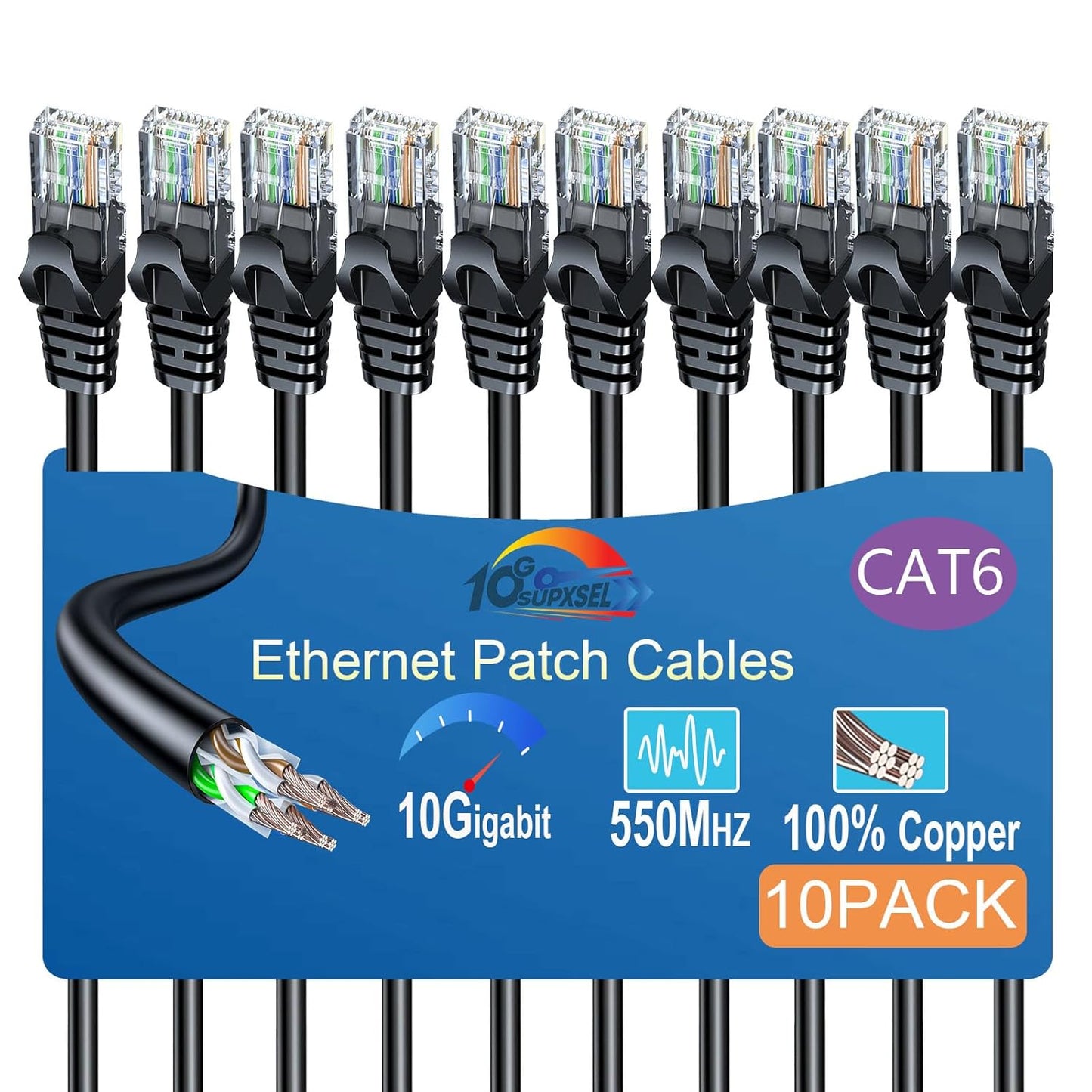 10Gbps Cat 6 Ethernet Cable 3FT 10-Pack, Pure Copper, High-Speed Network Cable
