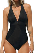 One Piece Swimsuit V Neck Tummy Control Cross Back - Ribbed Fit