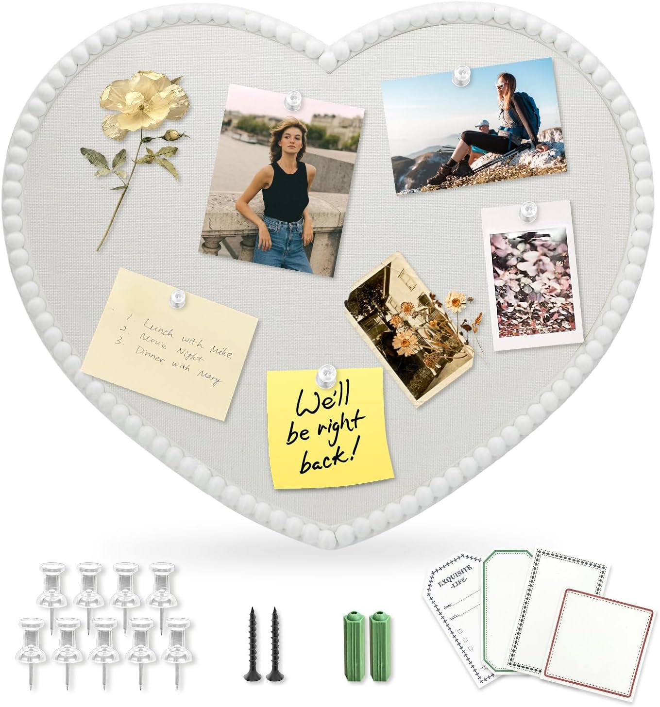 Large Heart Cork Bulletin Board with White Wood Frame for Home
