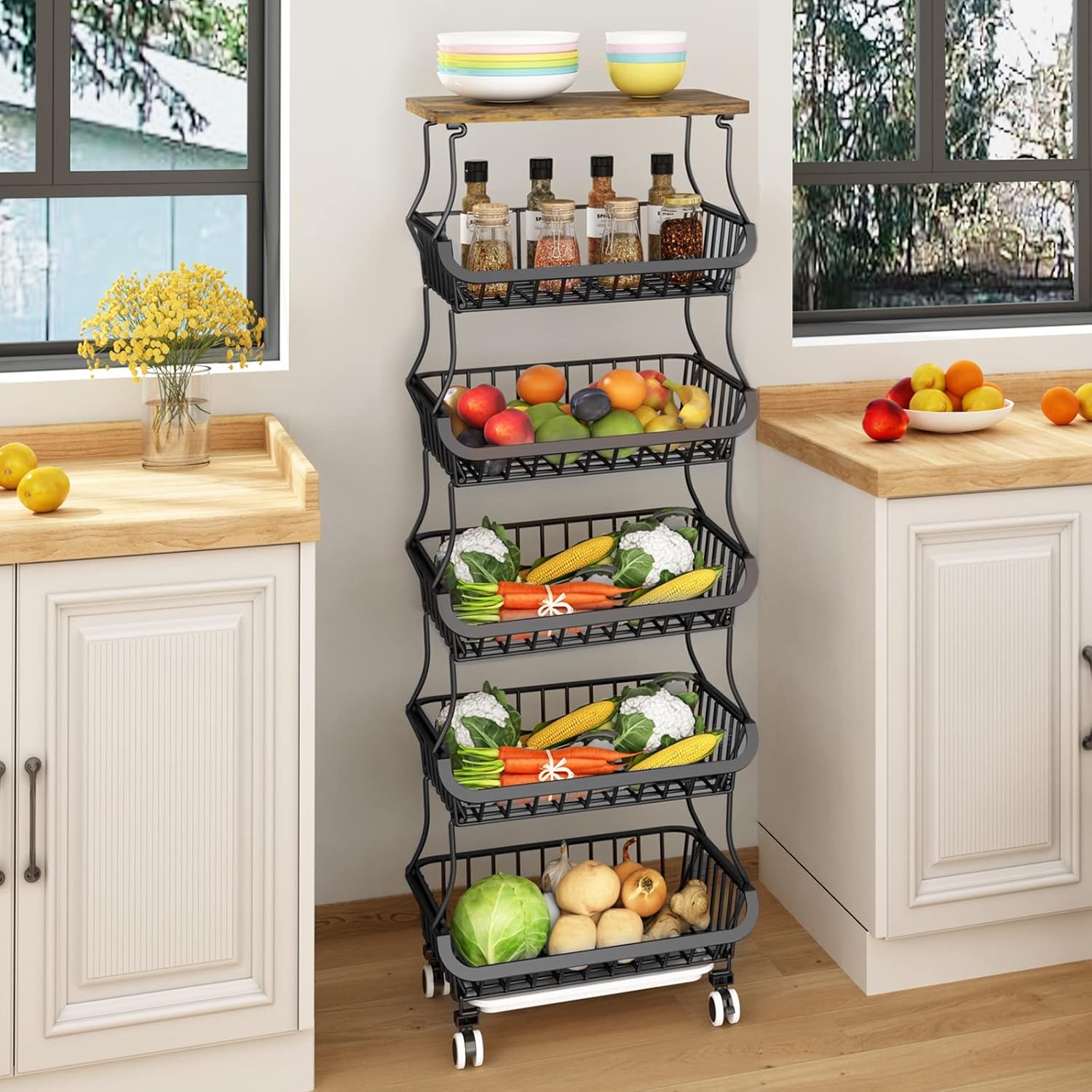 6 Tier Vegetable Basket Organizer with Wheels for Kitchen Storage