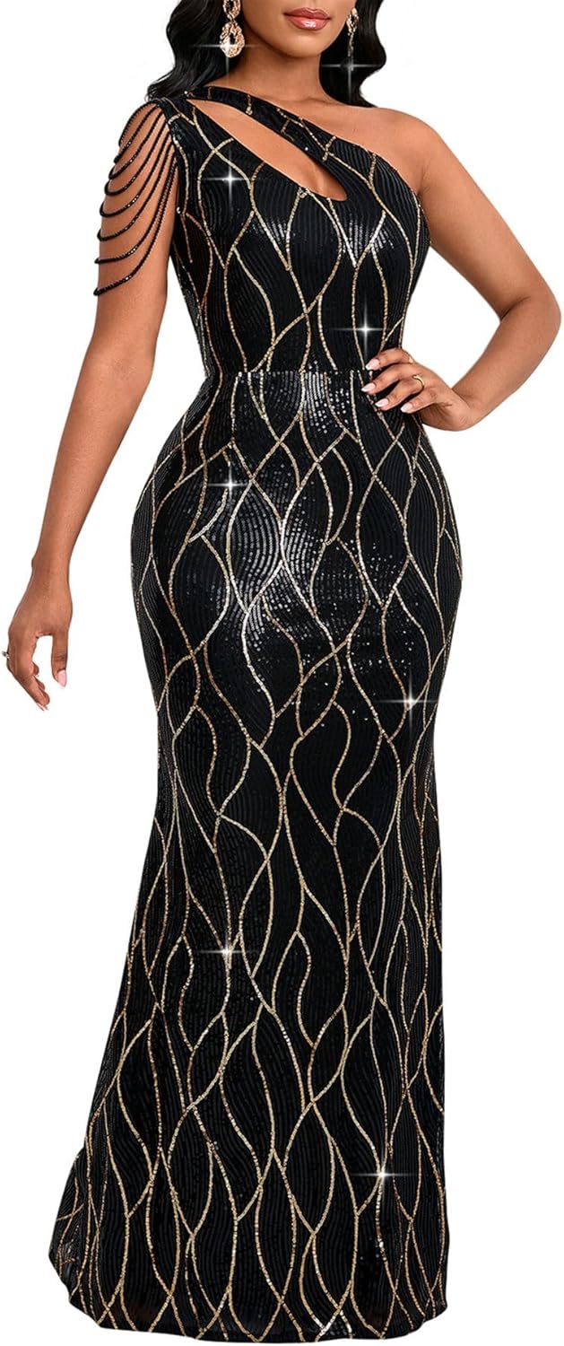 Elegant One Shoulder Sequin Mermaid Bodycon Cocktail Dress