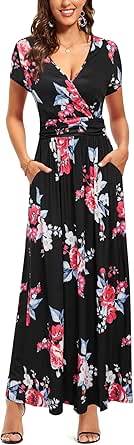 OUGES Womens' V-Neck Pattern Pocket Maxi Long Dress Review
