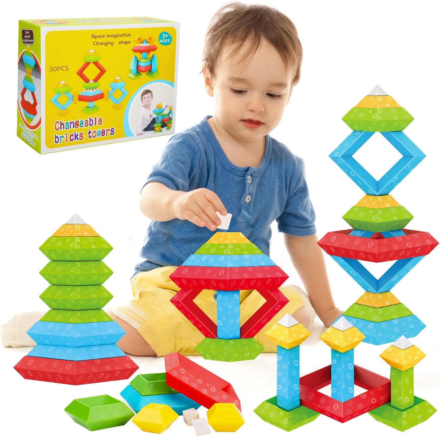 30 Pc Montessori Building Blocks for Kids 1-5: STEM Learning & Sensory Play