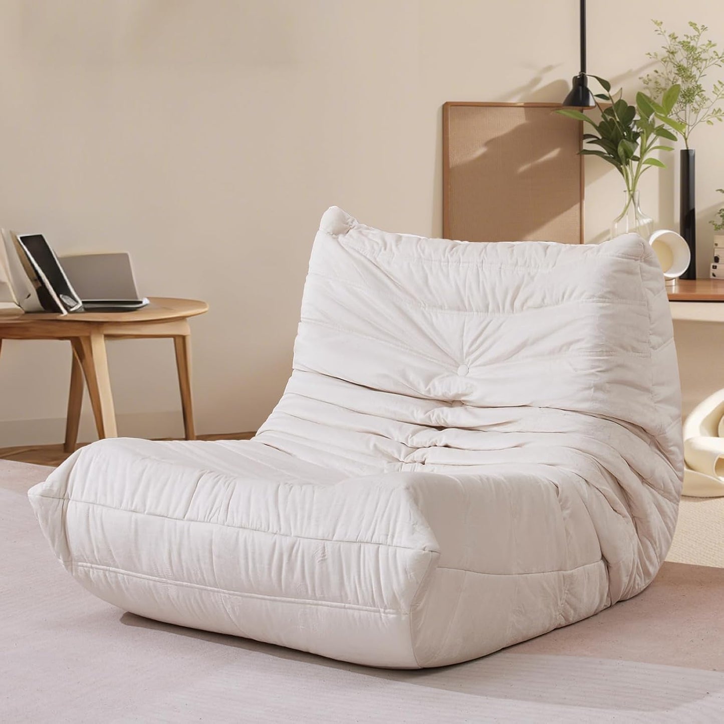 Plush Ivory Velvet Bean Bag Sofa - Snug Comfort