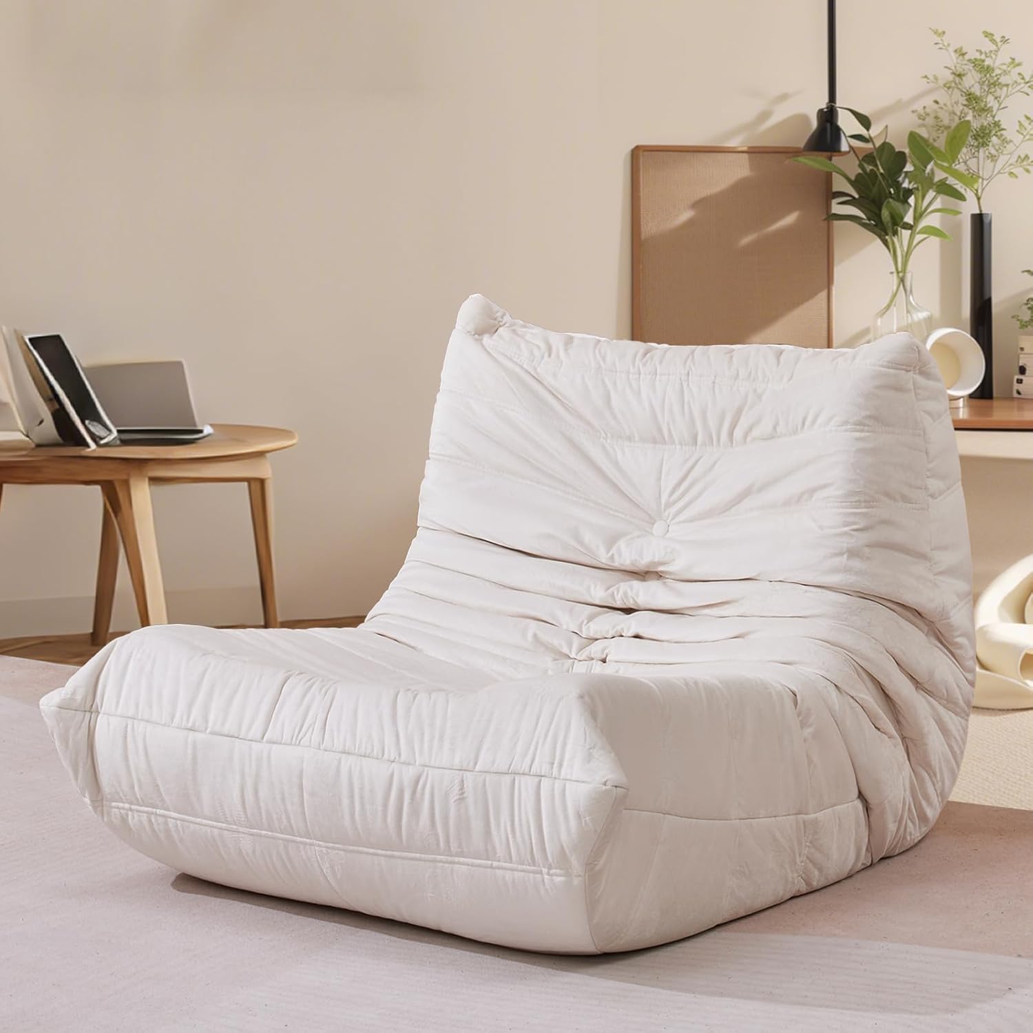 Plush Ivory Velvet Bean Bag Sofa - Snug Comfort