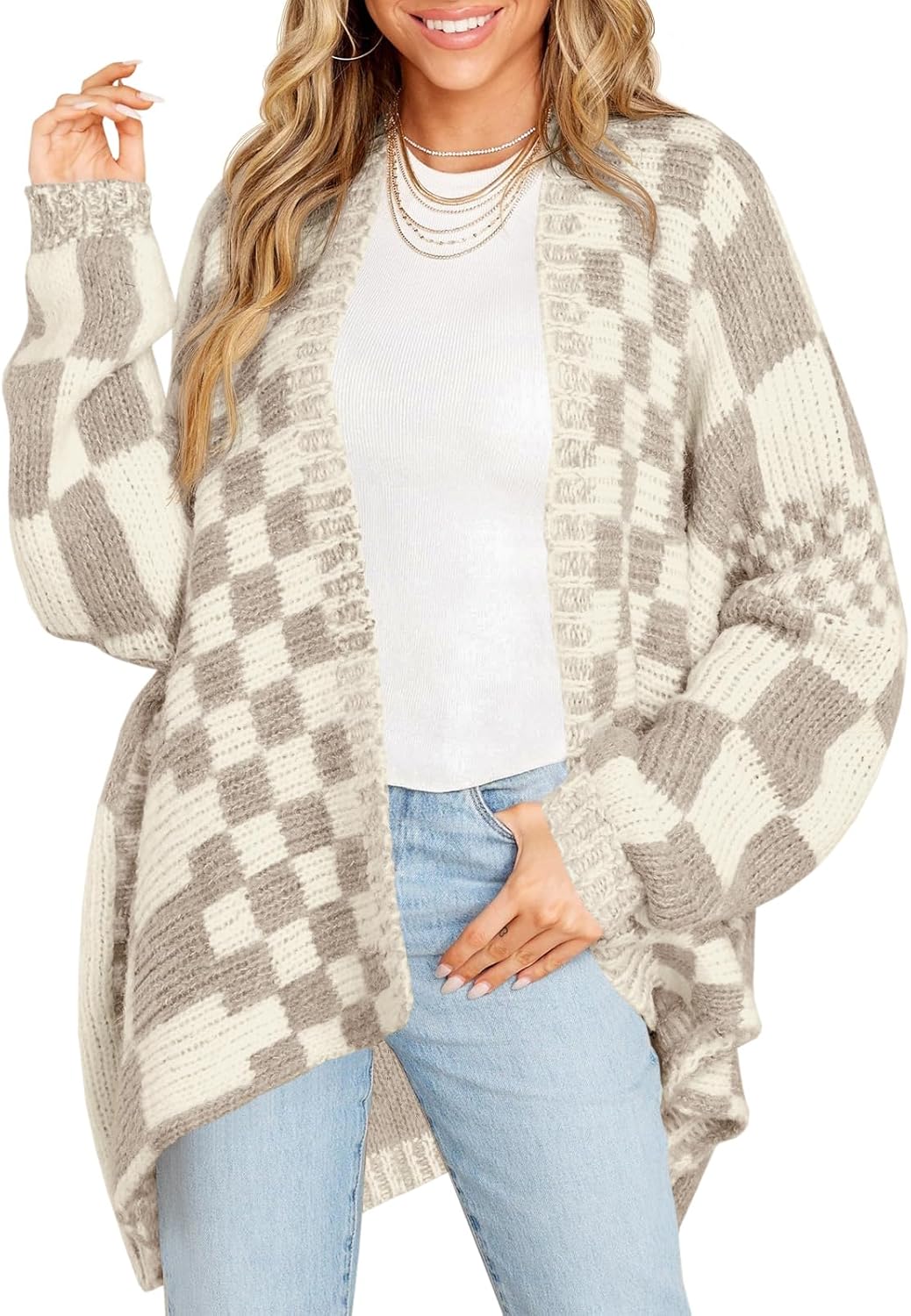 Checkered Sweater Cardigans for Women - Cozy Color Block Style