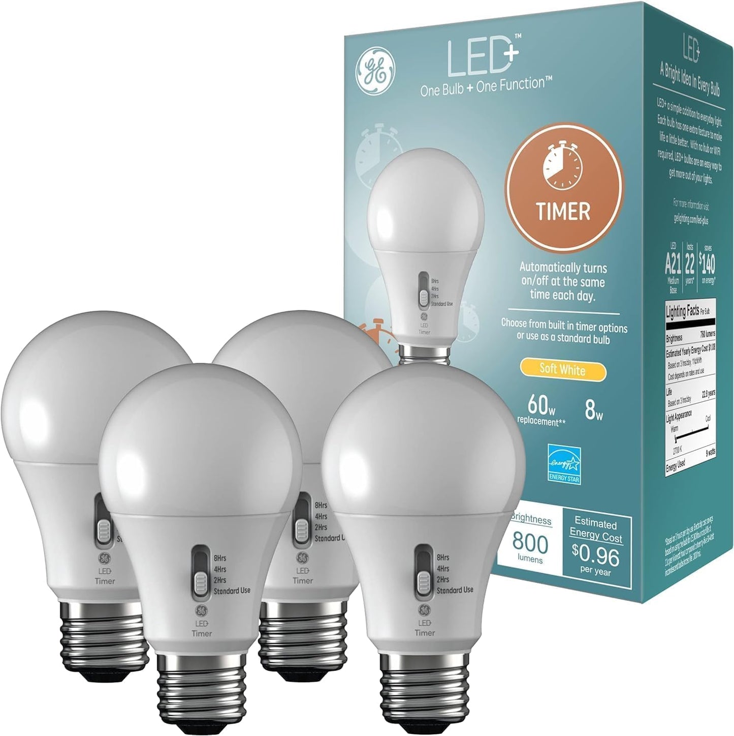 GE LED+ Timer A19 Light Bulbs with Automatic Indoor Timer