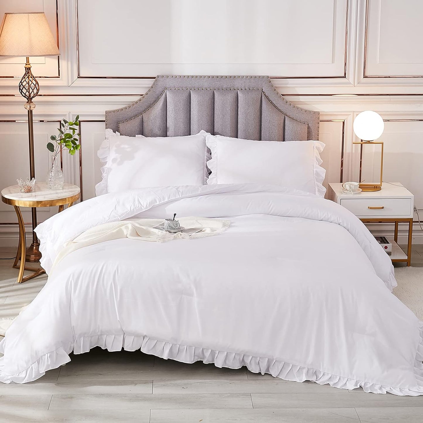 Andency White Ruffle Comforter Set for Full Size Bedding