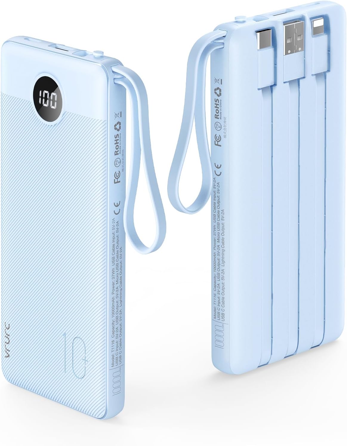 Portable Slim 10000mAh Power Bank with Built-in Cables & LED Display - Blue