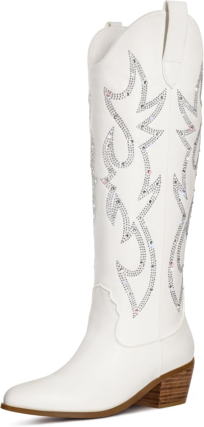 Stylish White Cowgirl Boots for Women with Chunky Heels